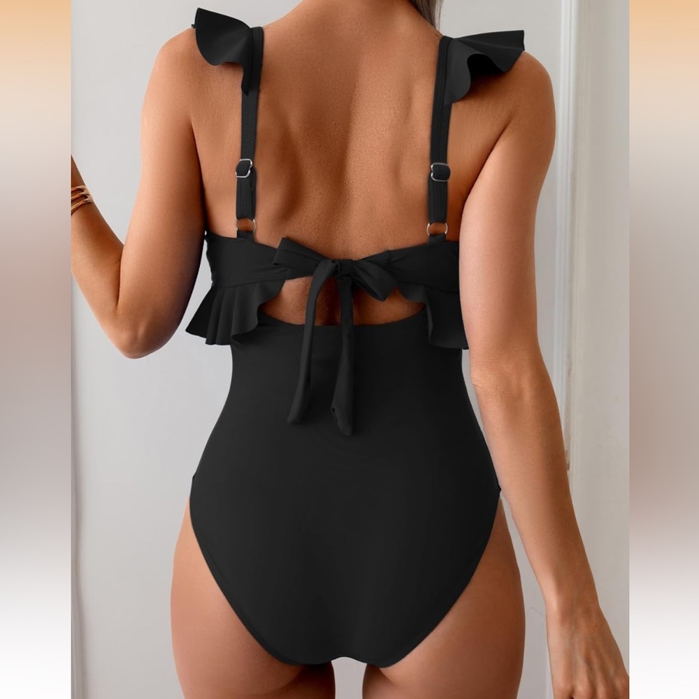NWOT One Piece Tummy Control Ruffle V Neck Ruched Slimming Cutout Swimsuit Black - Picture 4 of 6